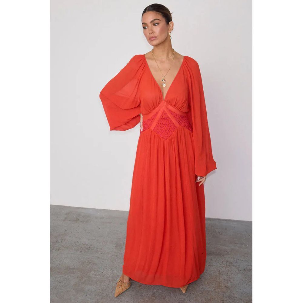 Never Fully Dressed Reign Dress Red‎ Orange Boho Buff Sleeves V-Neck NWT Sz 8P